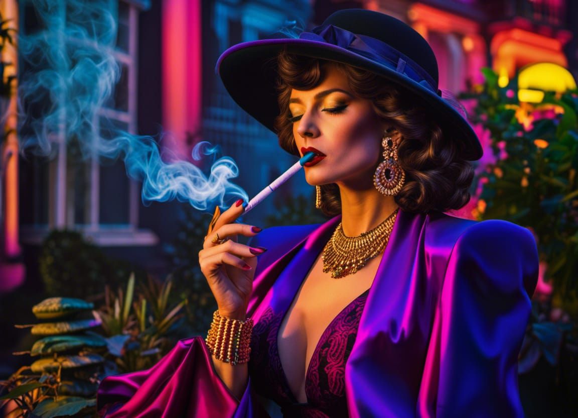 Elegant 1980s Woman Smoking in Gothic Neon City