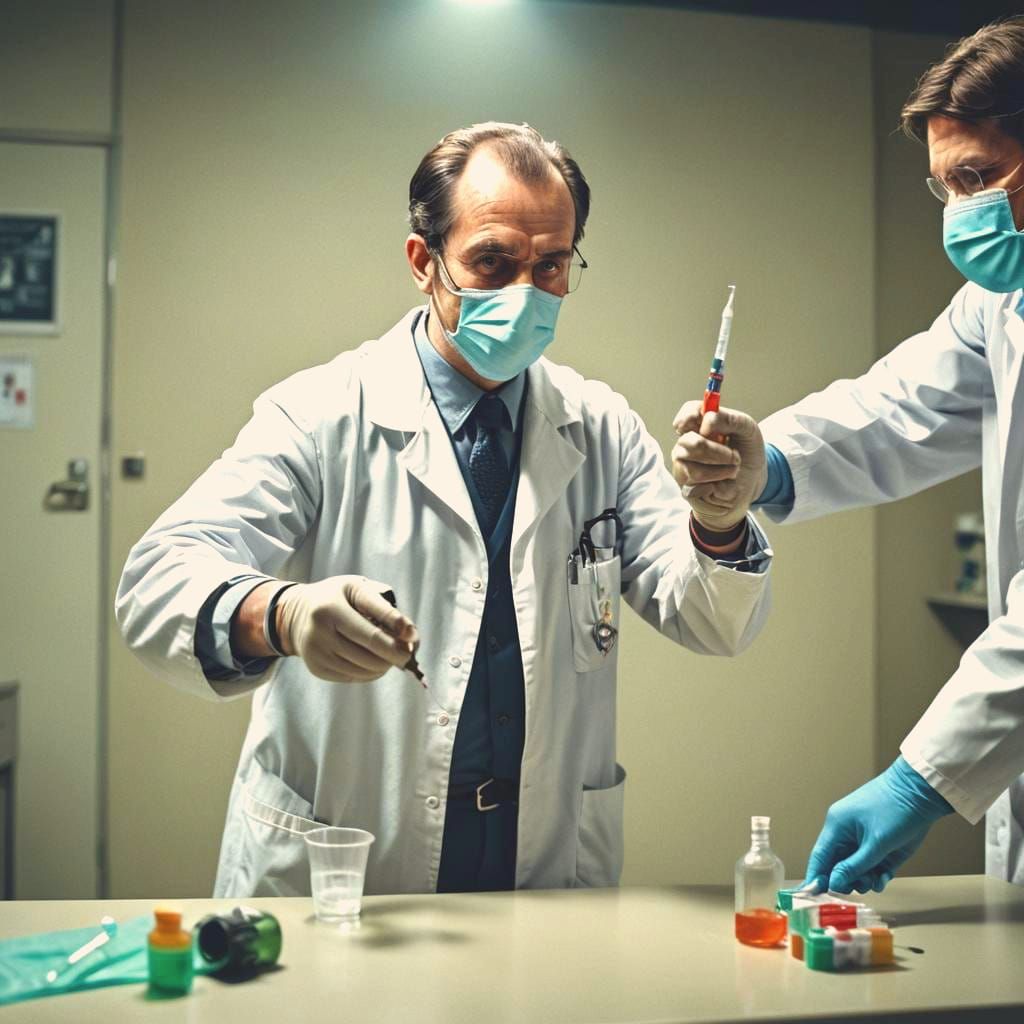 Dramatic Doctor with Syringe in Cinematic Style