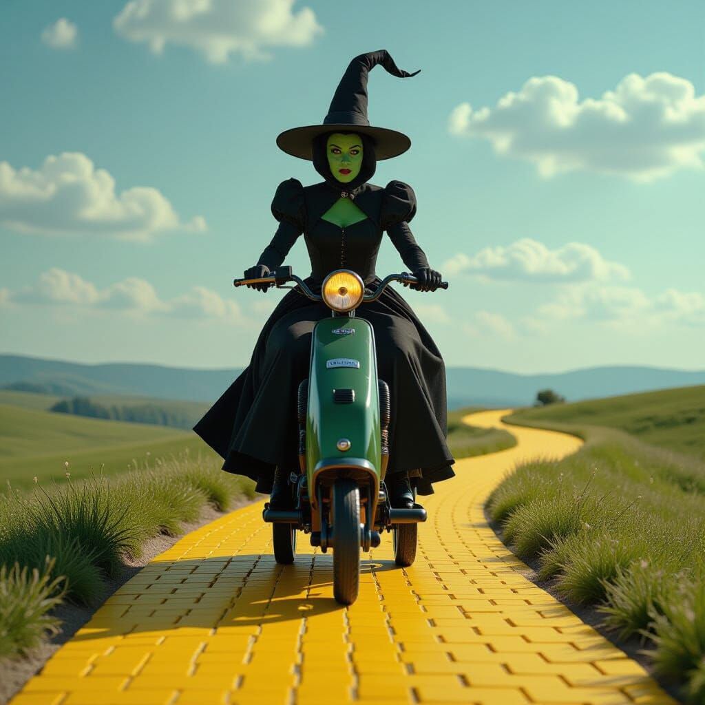 Wicked Witch Rides Vacuum Over Yellow Brick Road