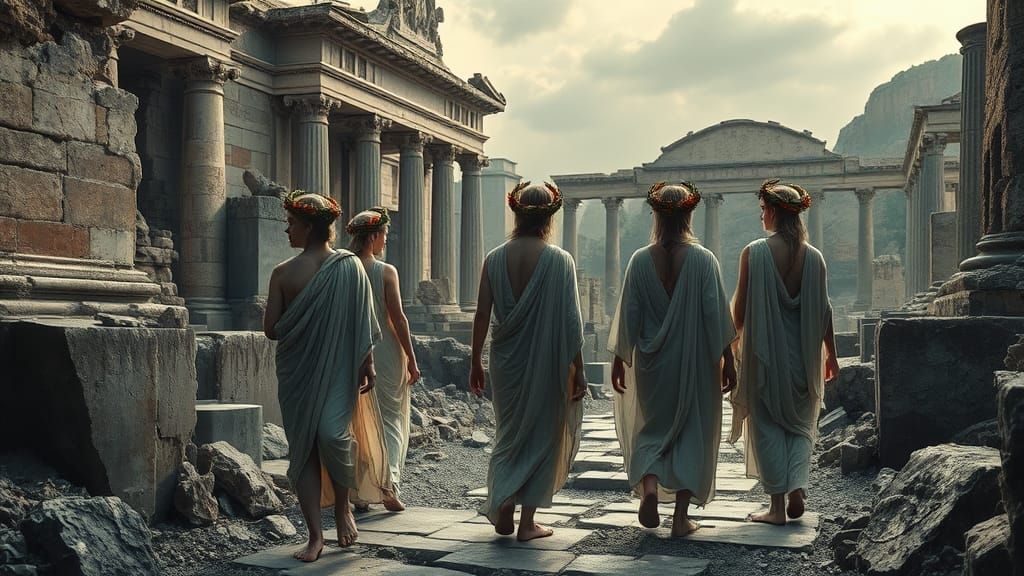 Ethereal Pompeiians Amidst Ruins in Haunting, Dreamlike Atmo...