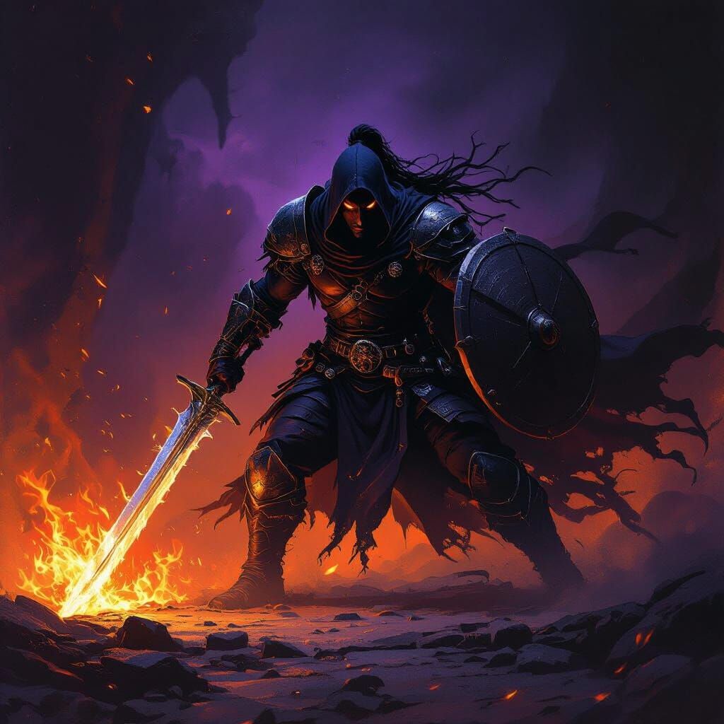 Furious Shadow Warrior with Sword and Shield