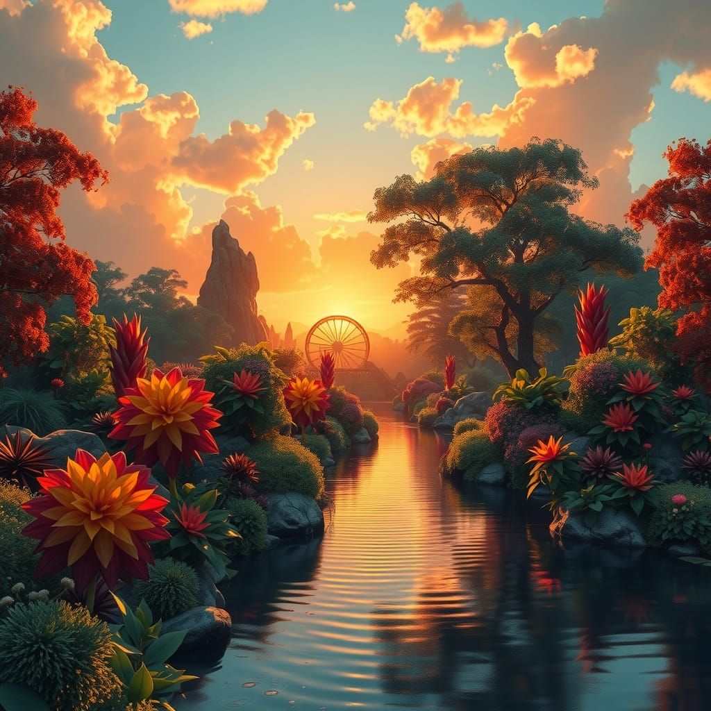 Fantasy Garden River at Sunset, Detailed Matte Painting