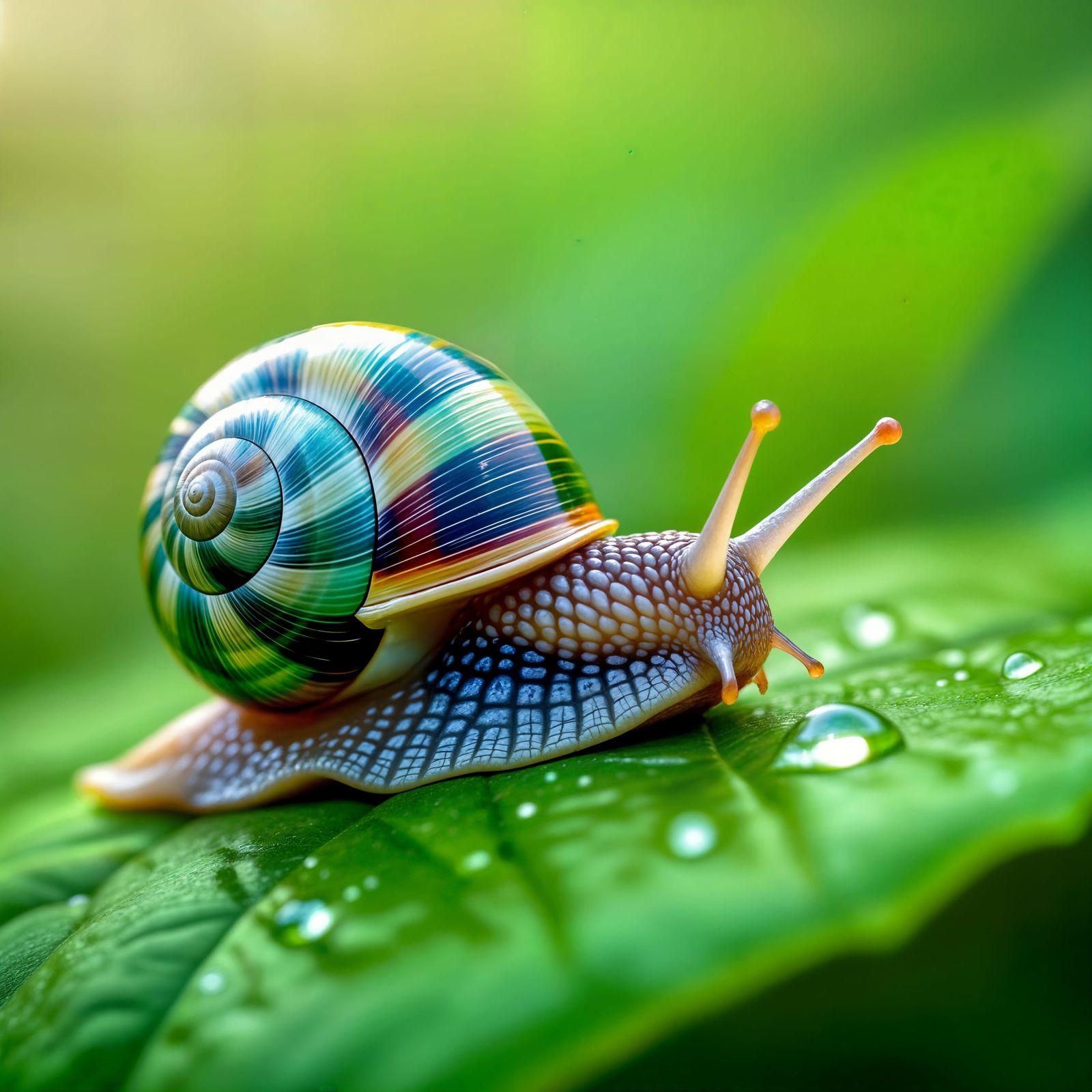 Curious Snail Observes Dewdrop in Ultra Detail