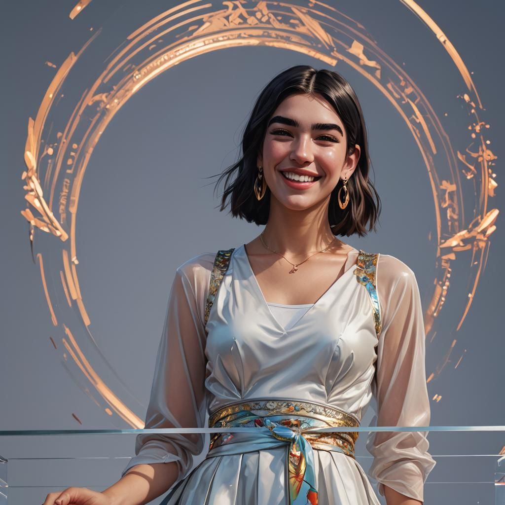 Dua Lipa Portrait on Podium, Hyperrealistic Art