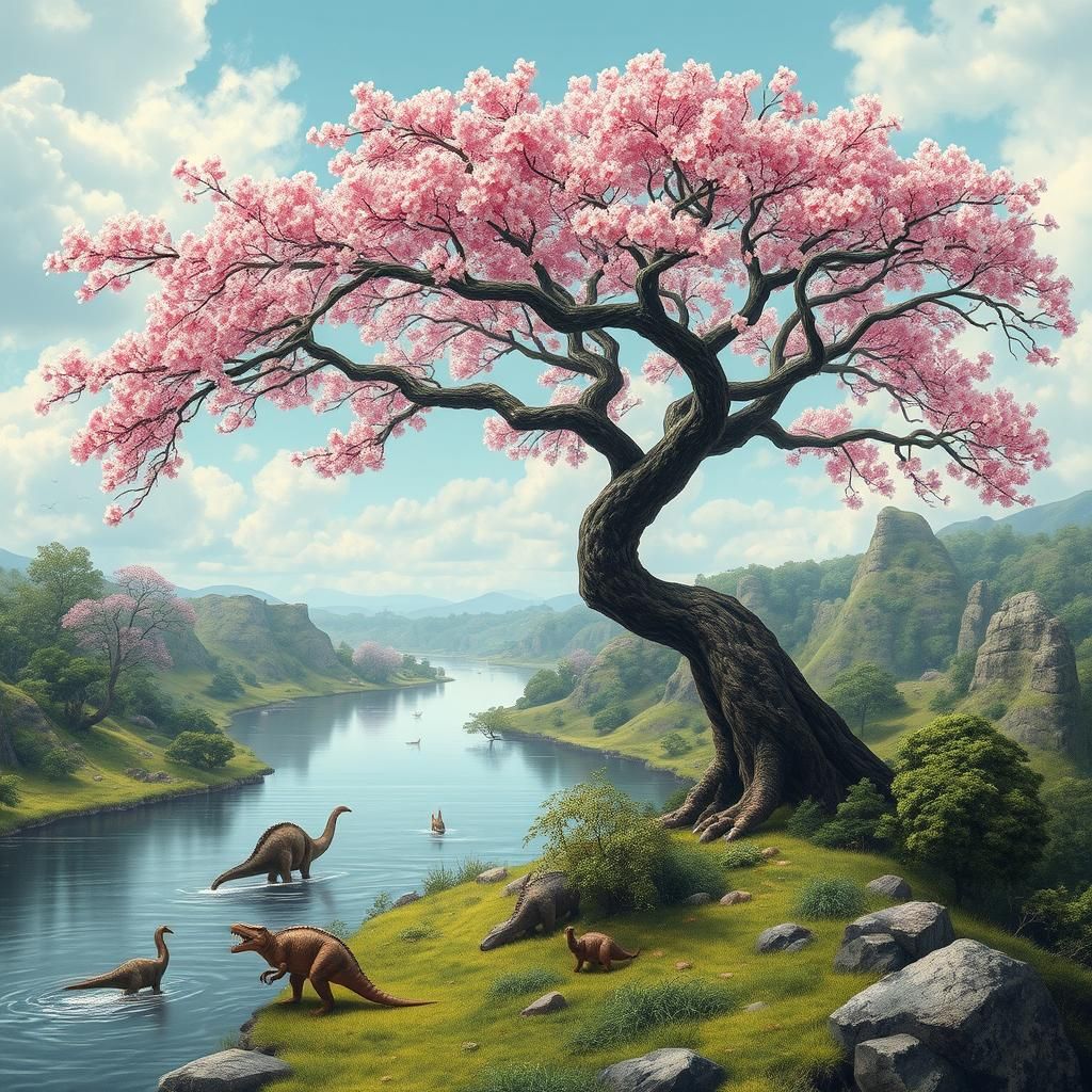 Cherry Blossom Tree in a Prehistoric Dinosaur World