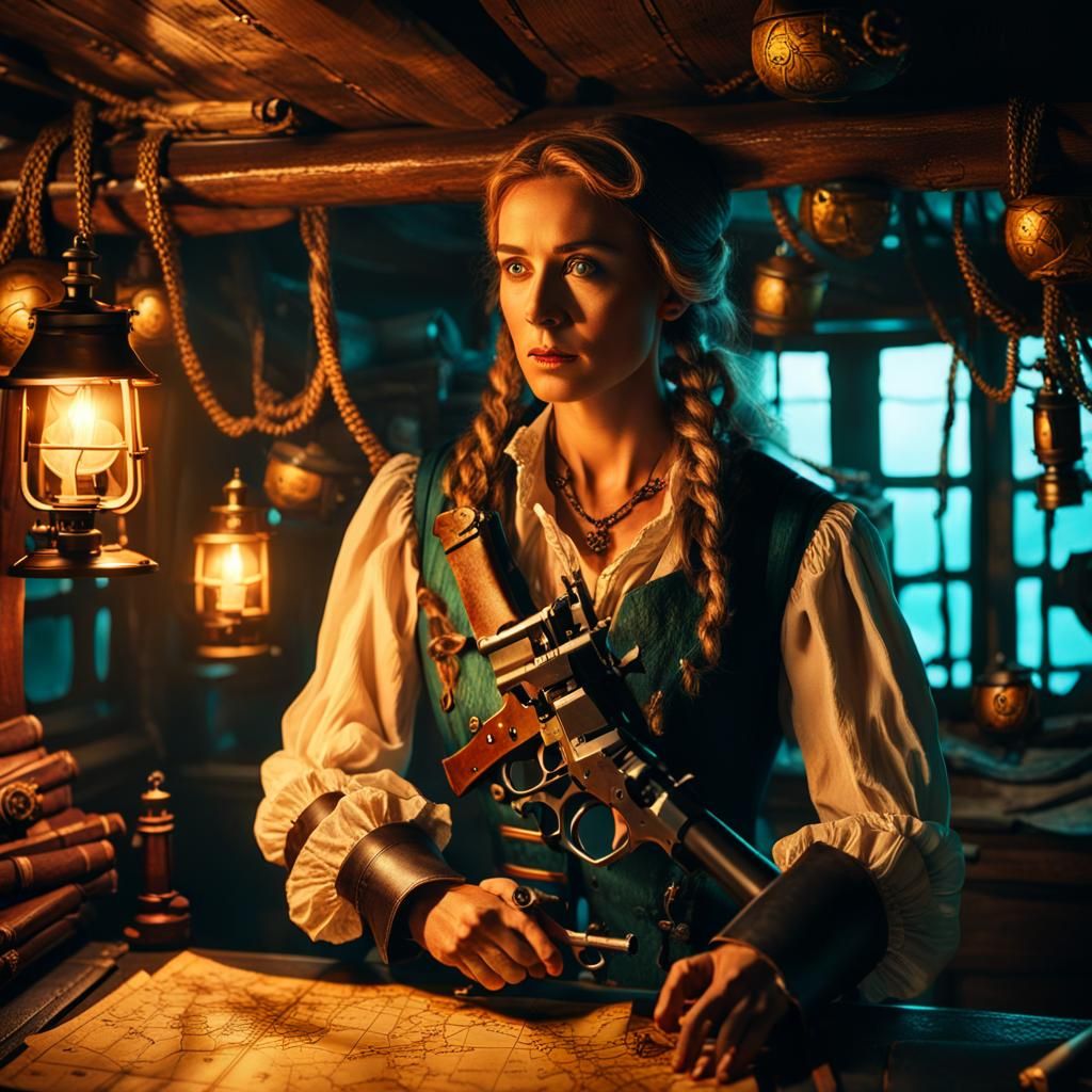 Cinematic Pirate with Guns in Ship Cabin