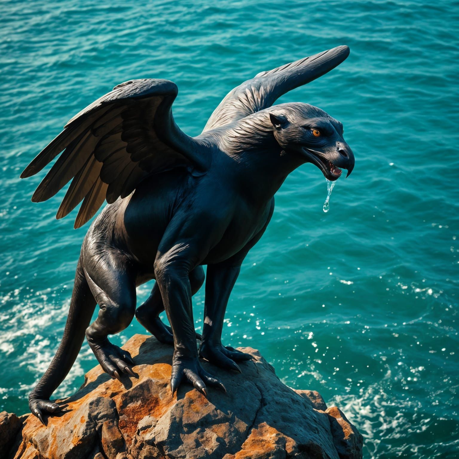 Aquatic Griffin Perched on Rocky Outcrop in Sunlit Sea