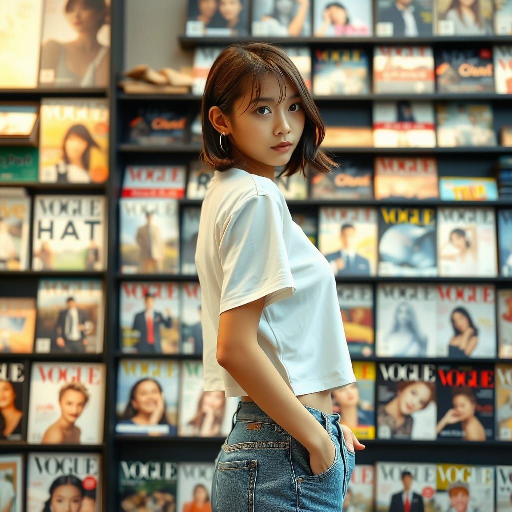Japanese Girl in Vogue-Style Magazine Store Photo