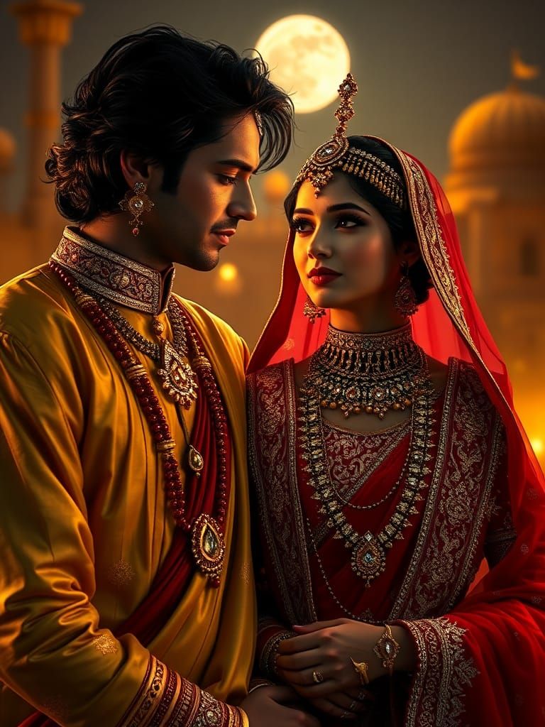 Majestic Rajput Couple in Moonlit Palace, Matte Painting