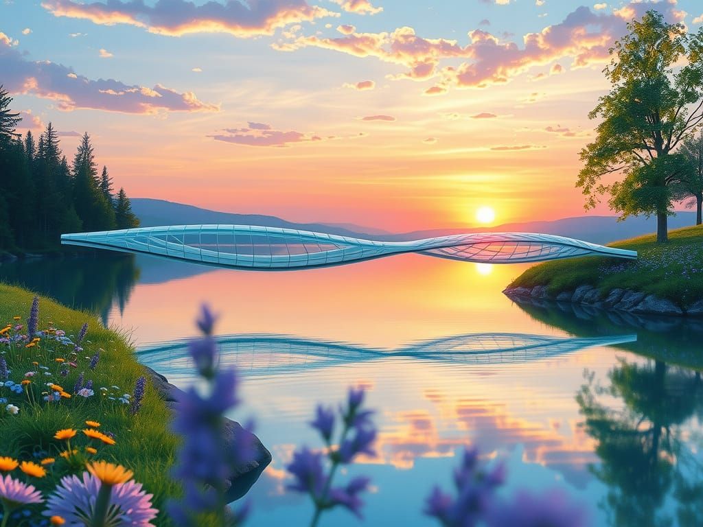 Ethereal Glass Bridge Over Serene Lake in Dreamlike Landscap...