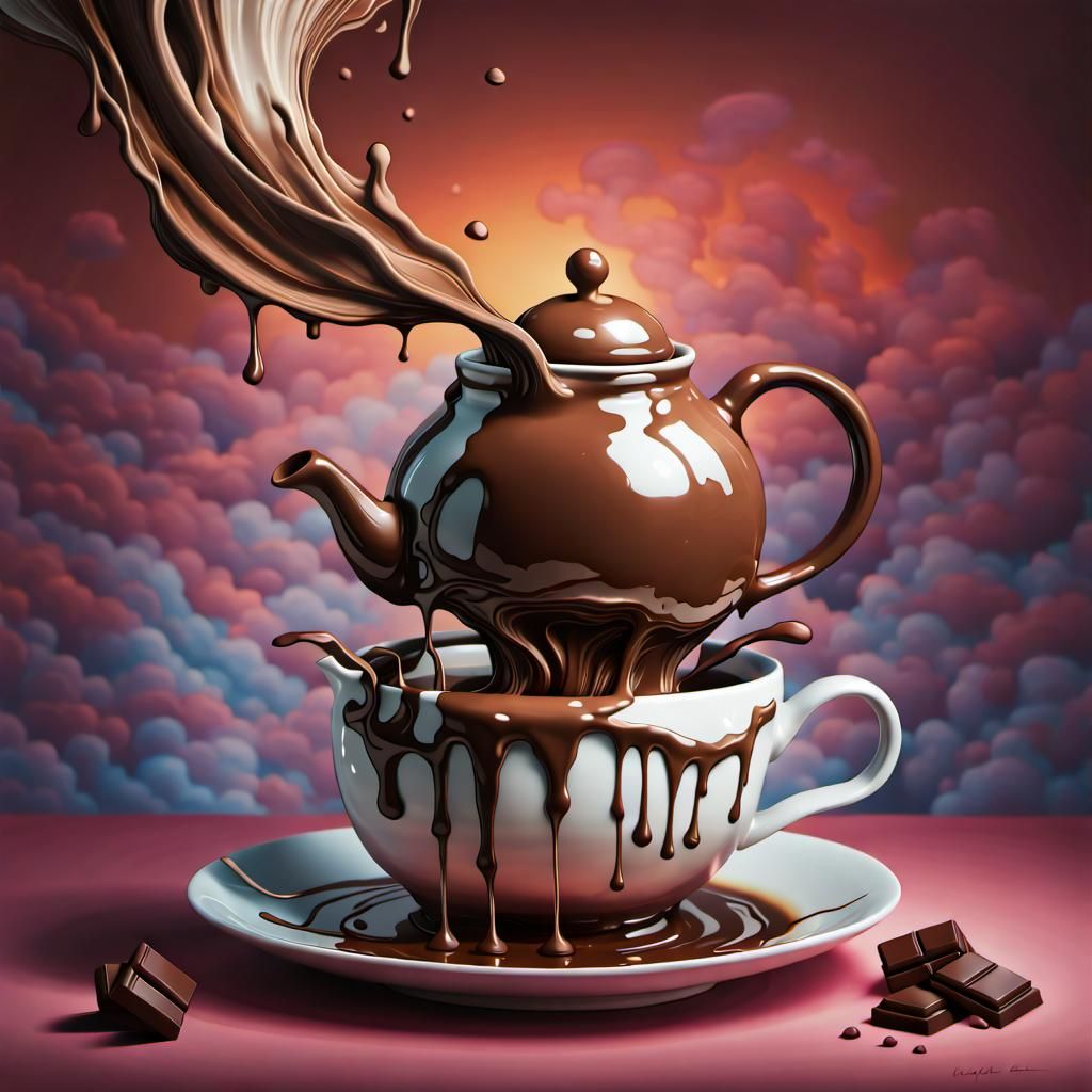 Giant Teapot Pouring Chocolate Waterfall into Teacup Cloud