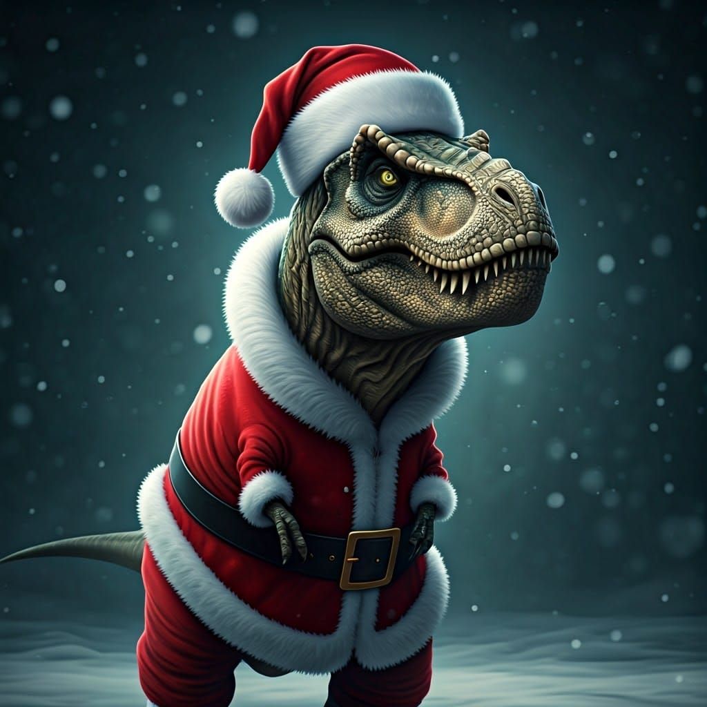 Majestic Prehistoric T. Rex in Scarlet Santa Attire Surveys...