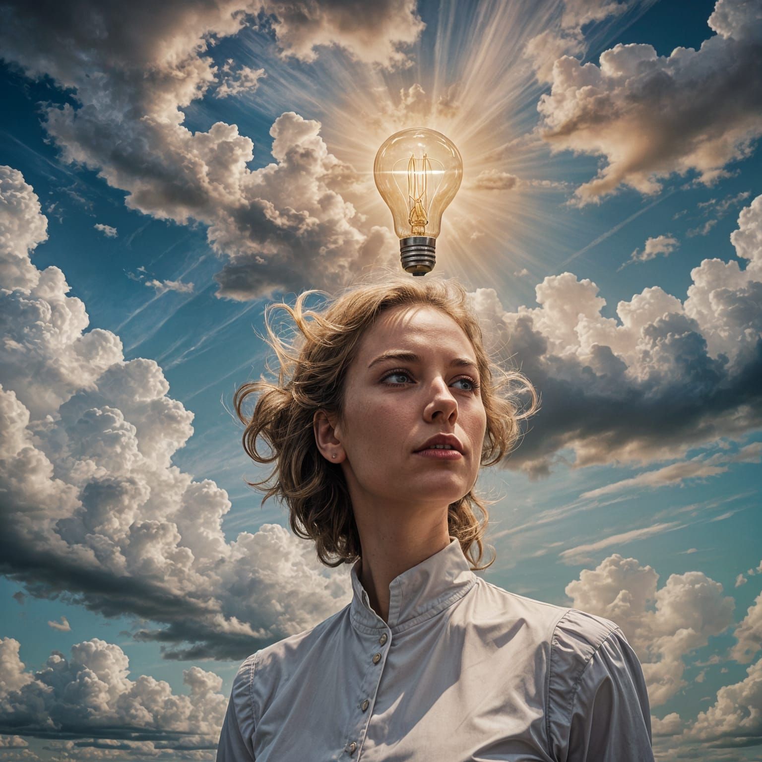Incandescent Woman Among Clouds in Post-Modern Style