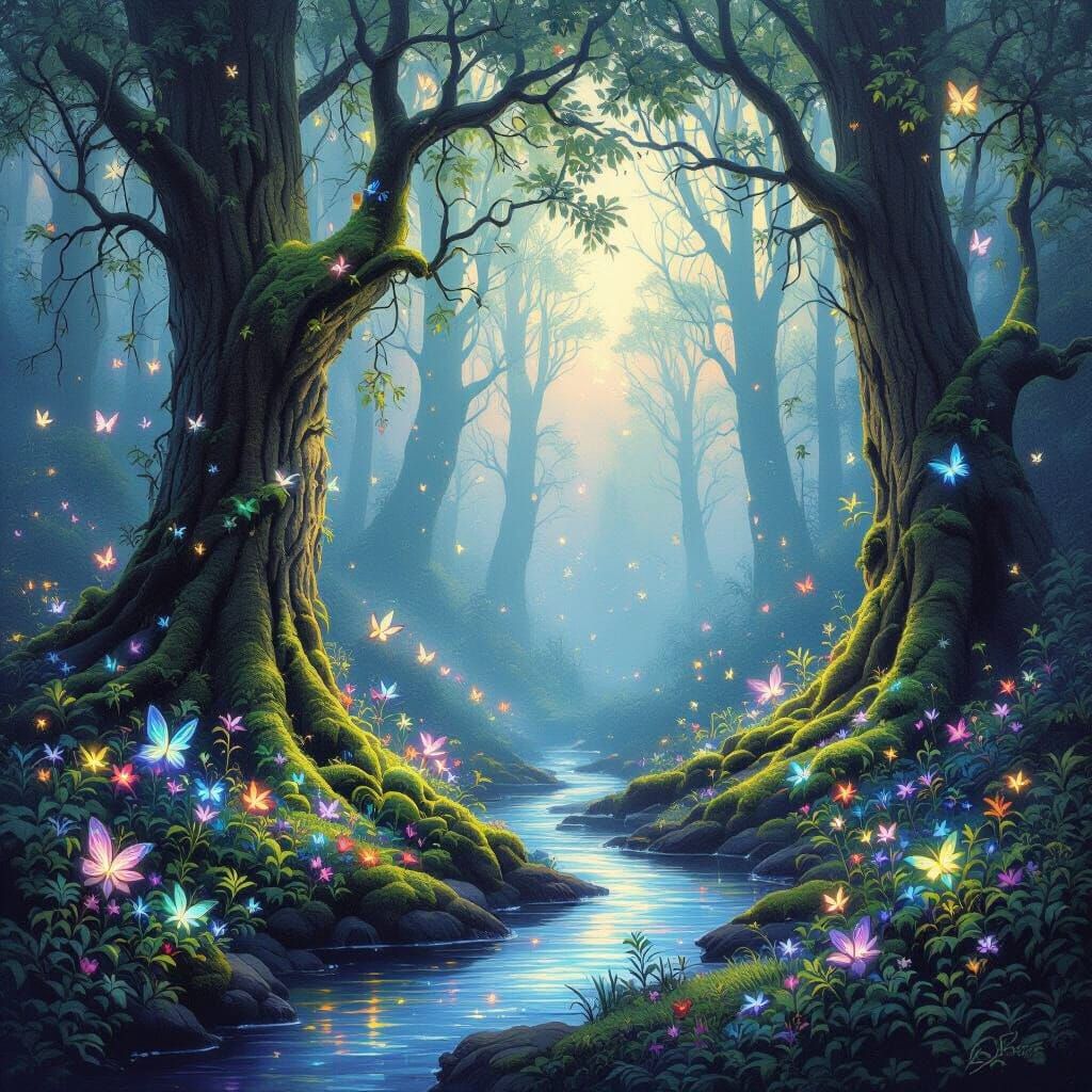 Bioluminescent Forest Twilight with Sprites, Painterly Digit...