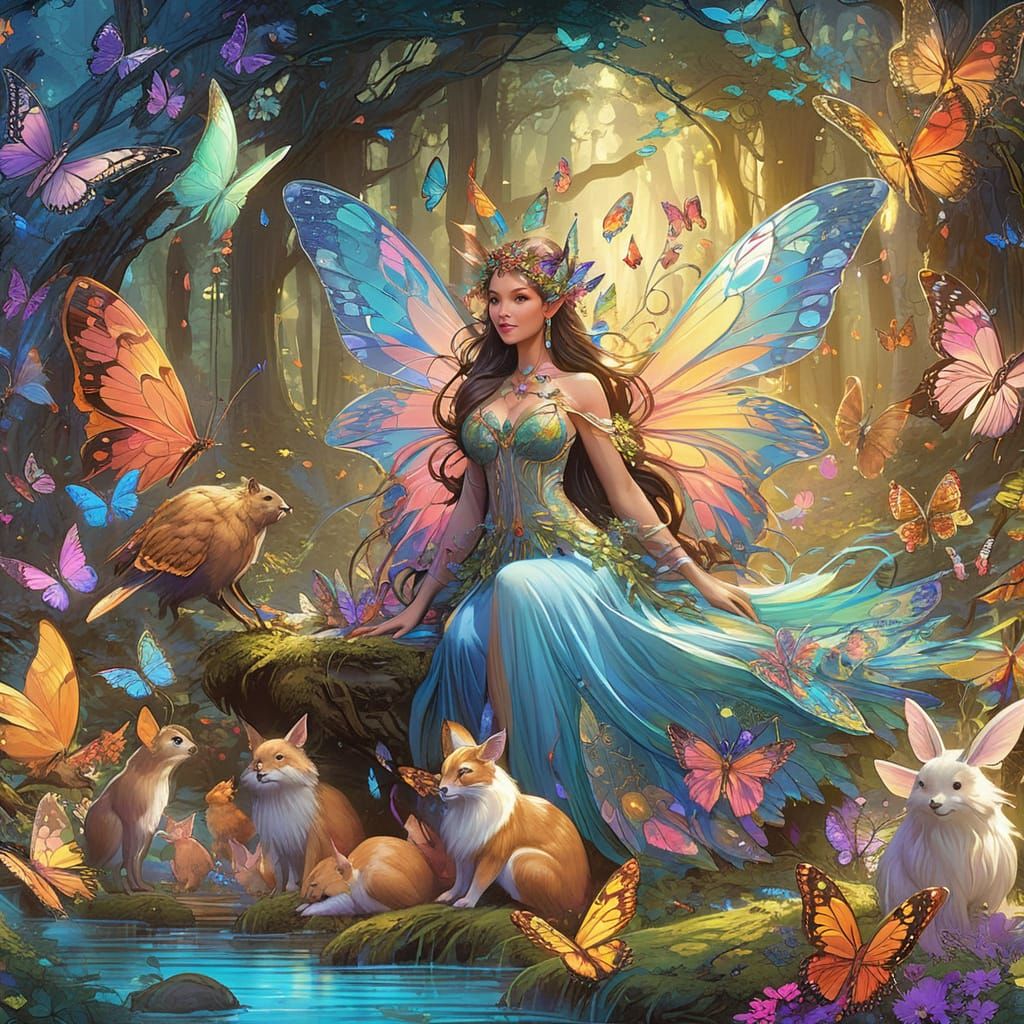 Fairy Queen with Vibrant Butterfly Wings in Enchanted Forest