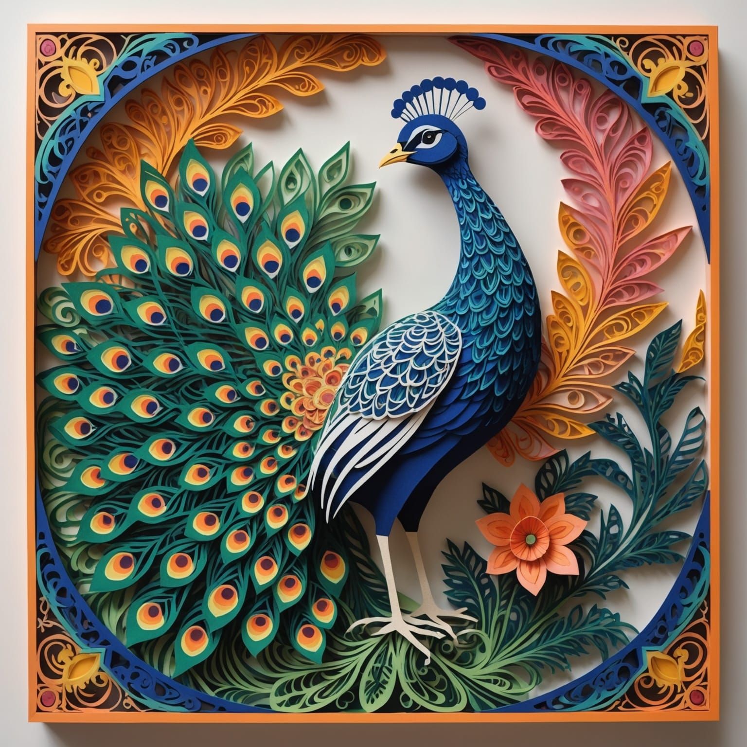 Colorful Kirigami Peacock in Hyperdetail