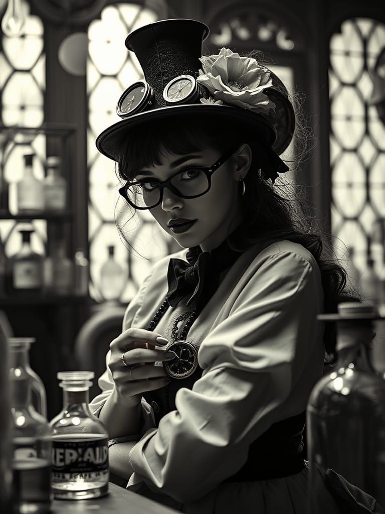 Steampunk Alchemist in Pop Surrealist Laboratory