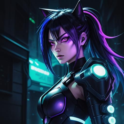 Cyberpunk Ninja Cat Girl in Manga Style