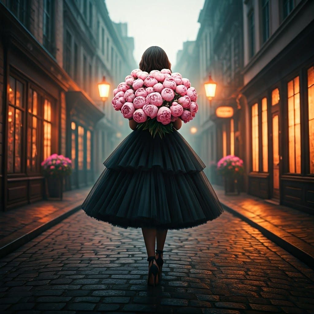 Ethereal Woman with Peonies on Misty Street