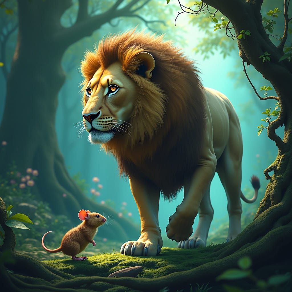 Majestic Lion Mouse Hybrid in Whimsical Ancient Landscape