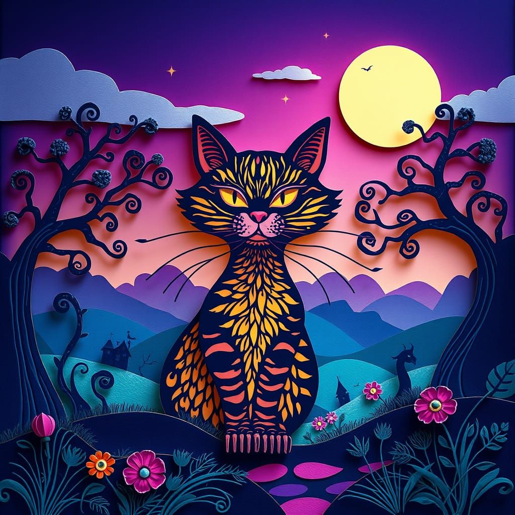 Whimsical Cheshire Cat Landscape in Vibrant 3D Color