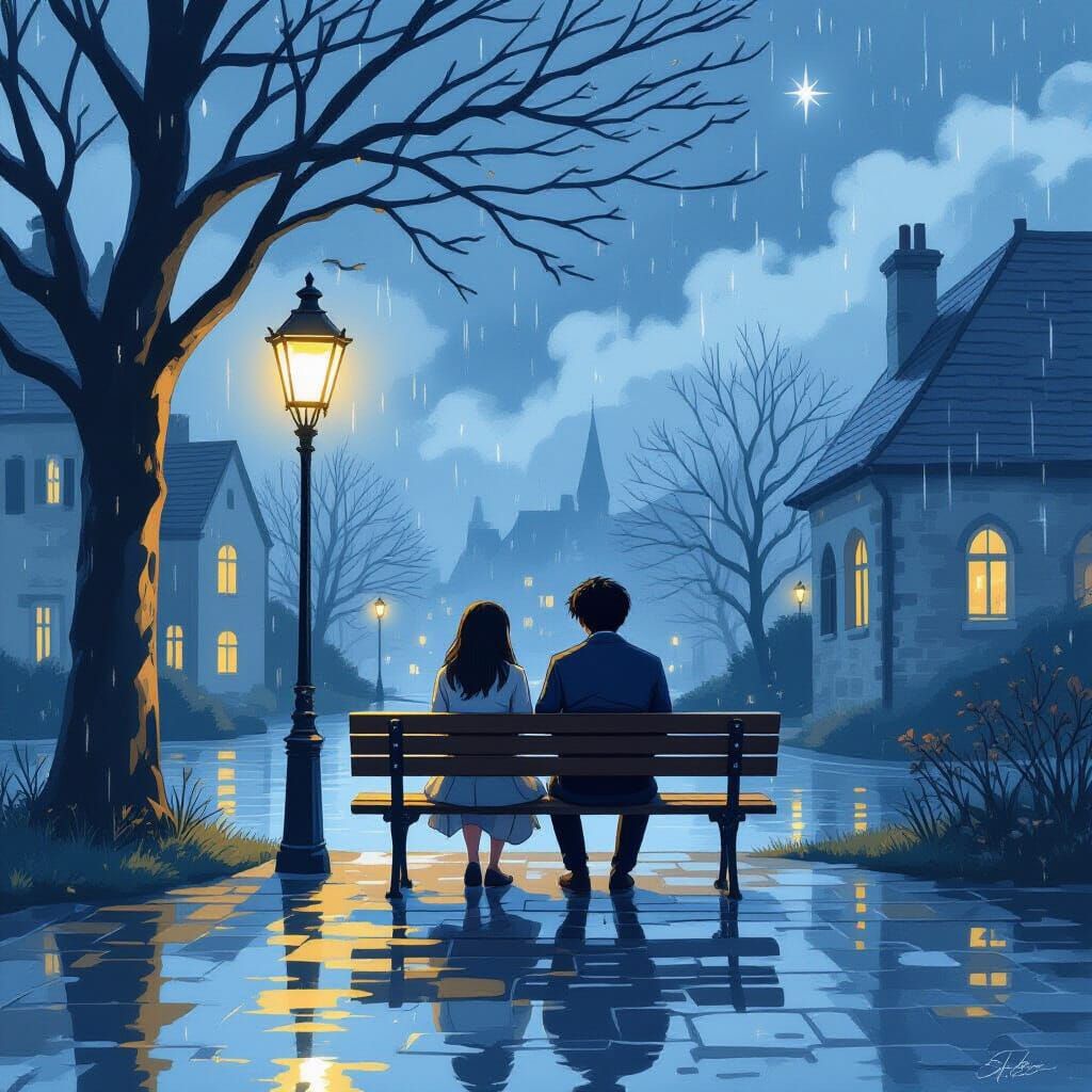 Rainy Dusk: Serene Courtyard Scene in Watercolor Style