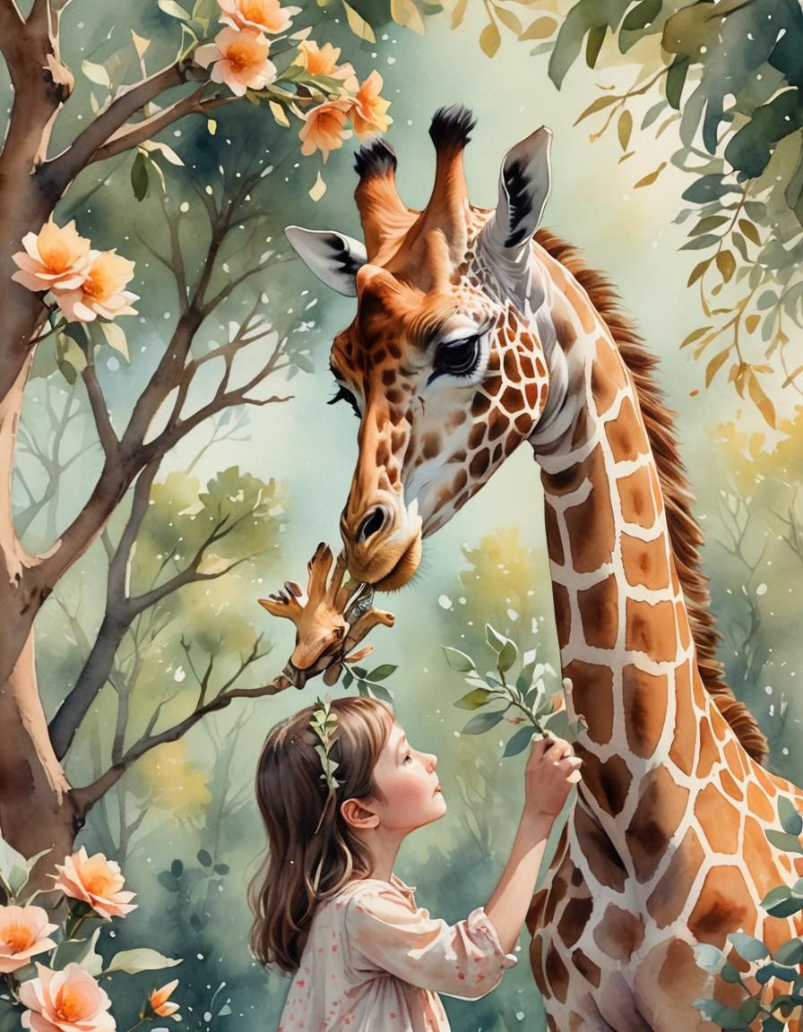 Gentle Giraffe Encounter in Dreamy Watercolor