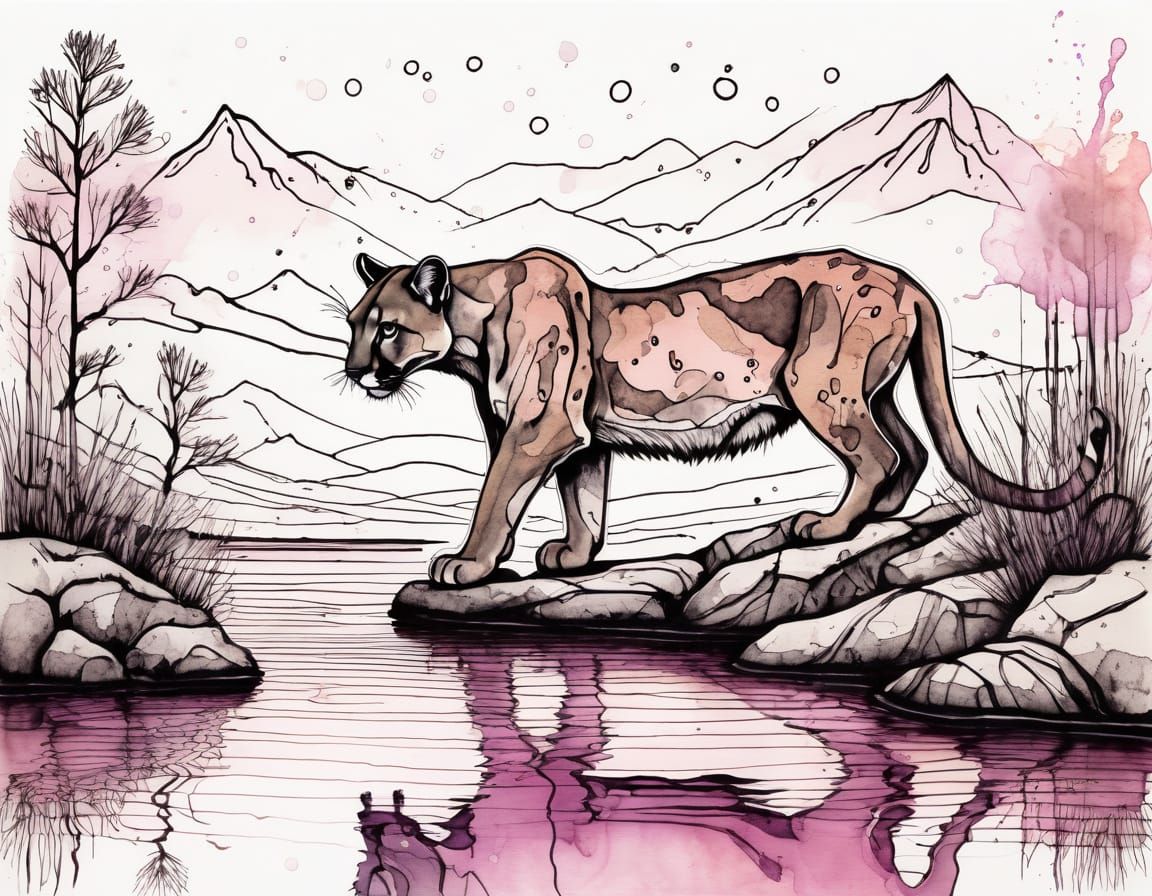 Whimsical Surrealist Mountain Lion by Hand