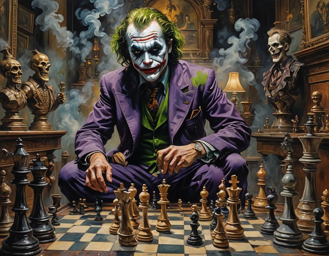 Joker Plays Chess in Surrealist Oil Painting