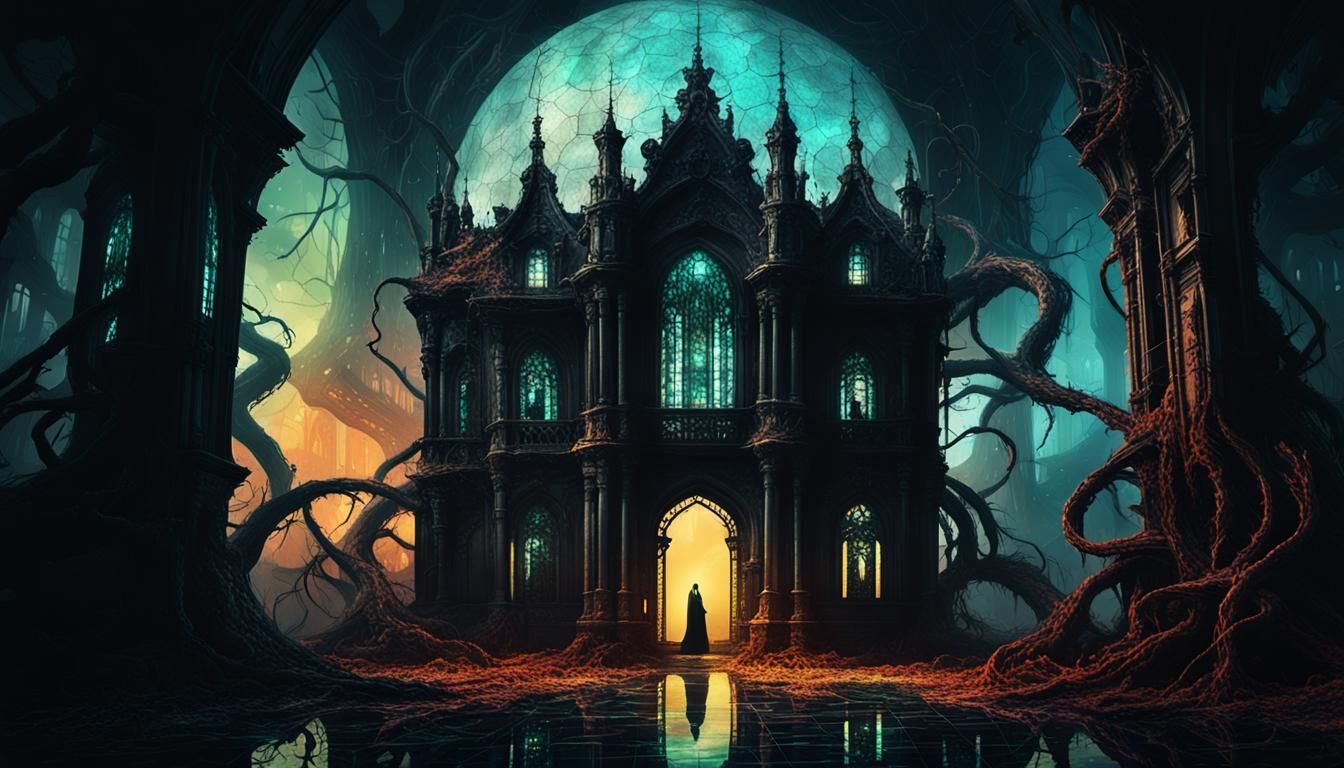 Gothic alien mansion with a glowing obsidian gateway