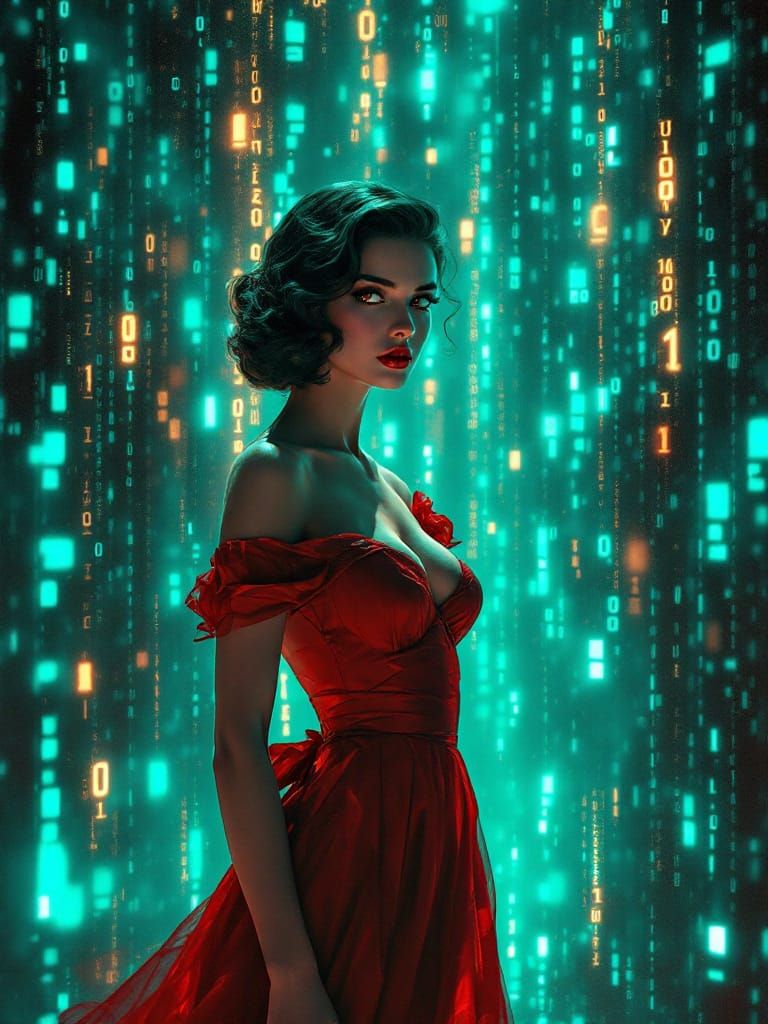 Cyberpunk Woman Gazes Through Digital Rain