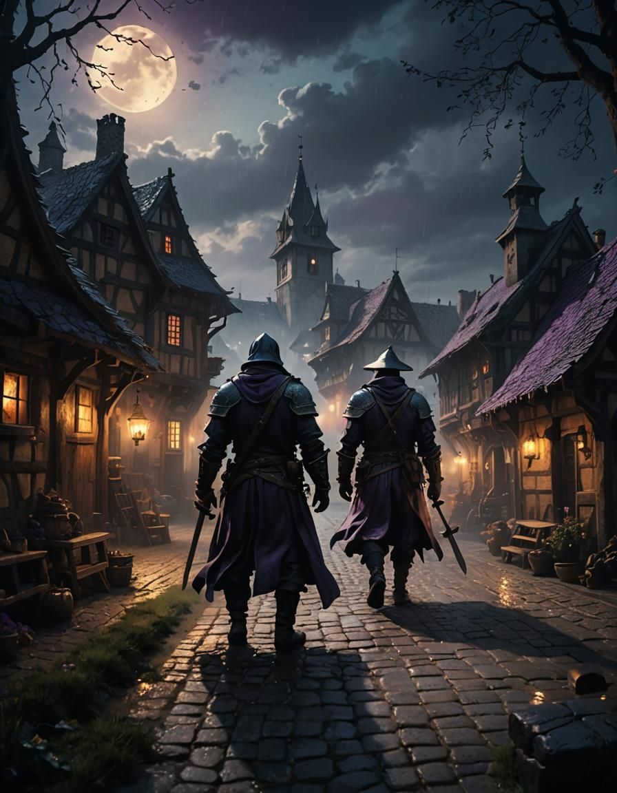 Dark Fantasy Village in Rainy, Misty Atmosphere