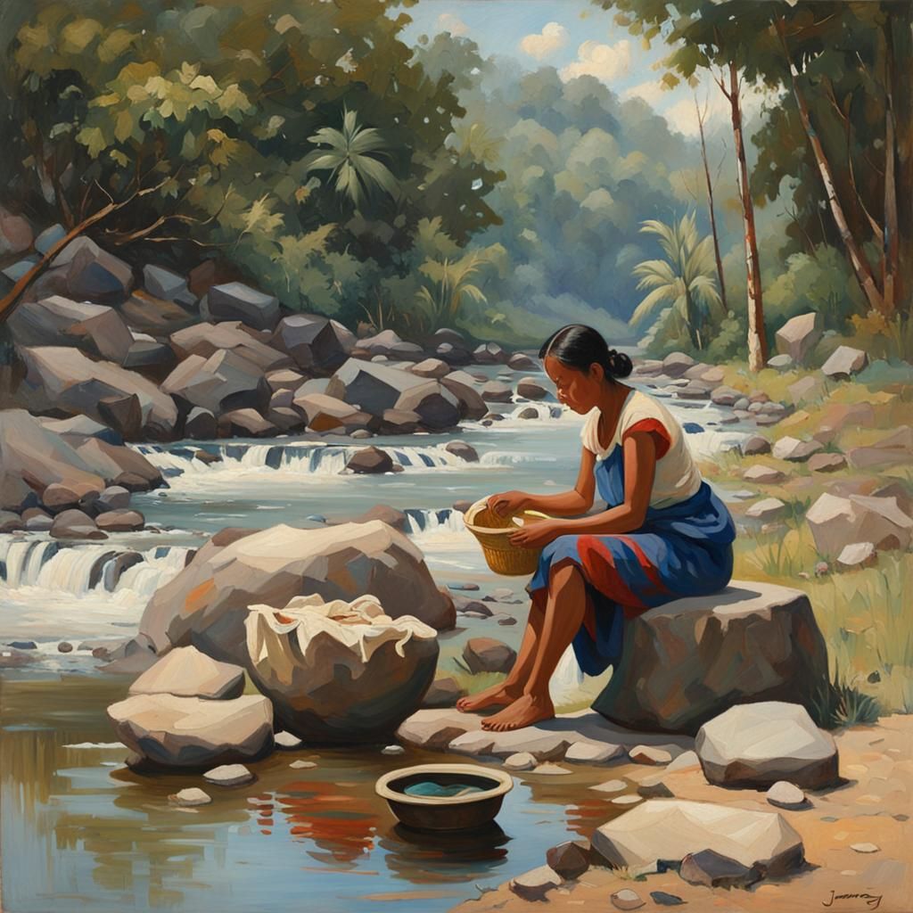 Filipina Woman Washing Clothes: Oil Painting
