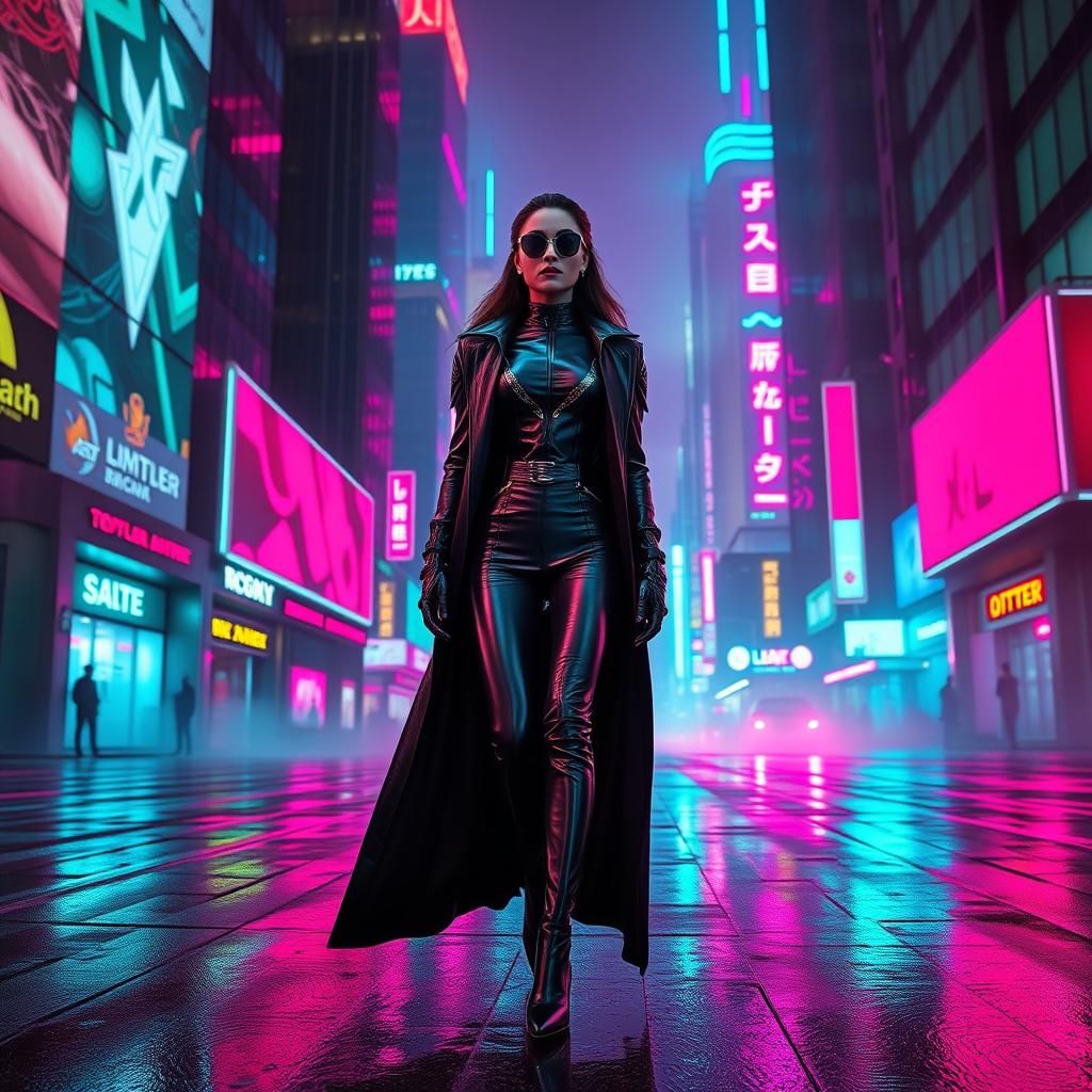 Woman in Cyberpunk Cityscape with Neon Lights