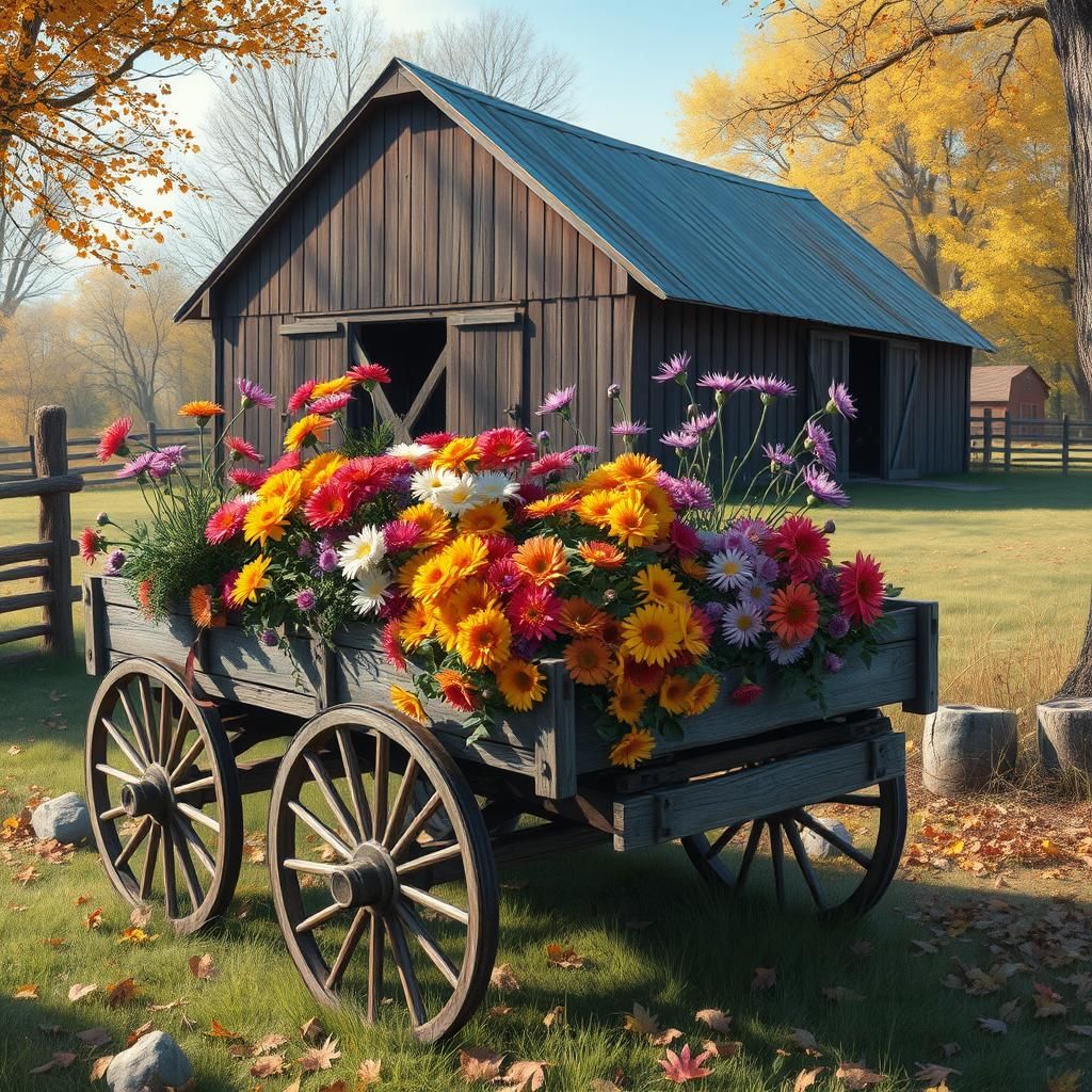 Antique Cart with Autumn Flowers, Digital Painting