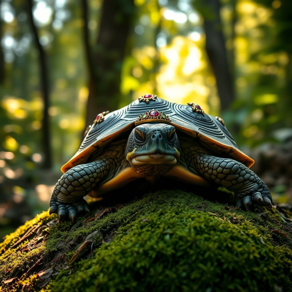 Armored Turtle Meditates in Forest Sunlight