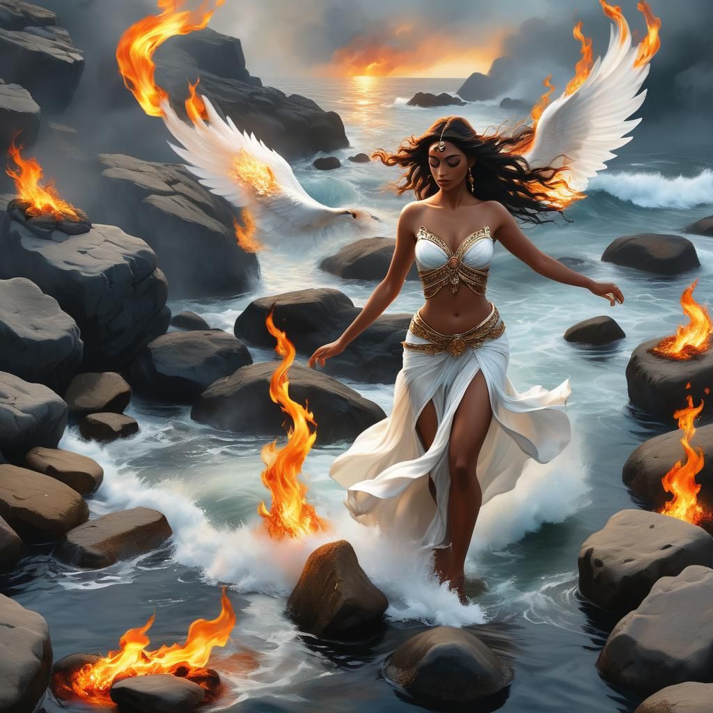 Goddess Walking Through Flames: Photorealistic Dark Fantasy