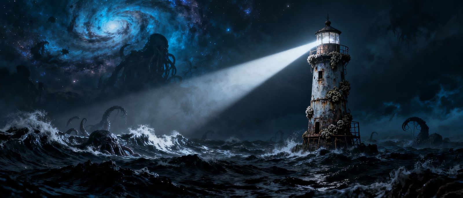 Cosmic Lighthouse Against Dark Surreal Sea