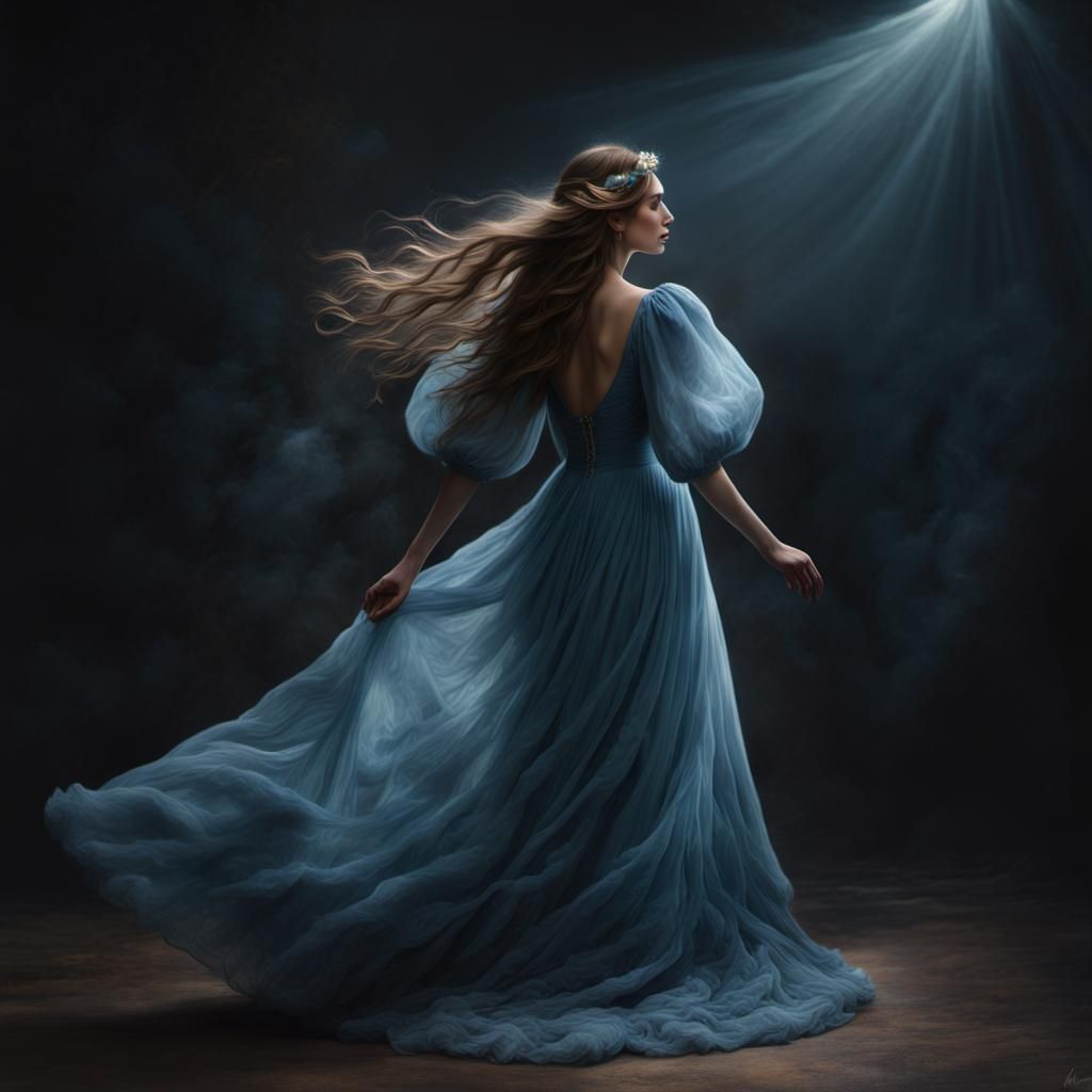 Woman in Flowing Blue Dress Digital Matte Painting