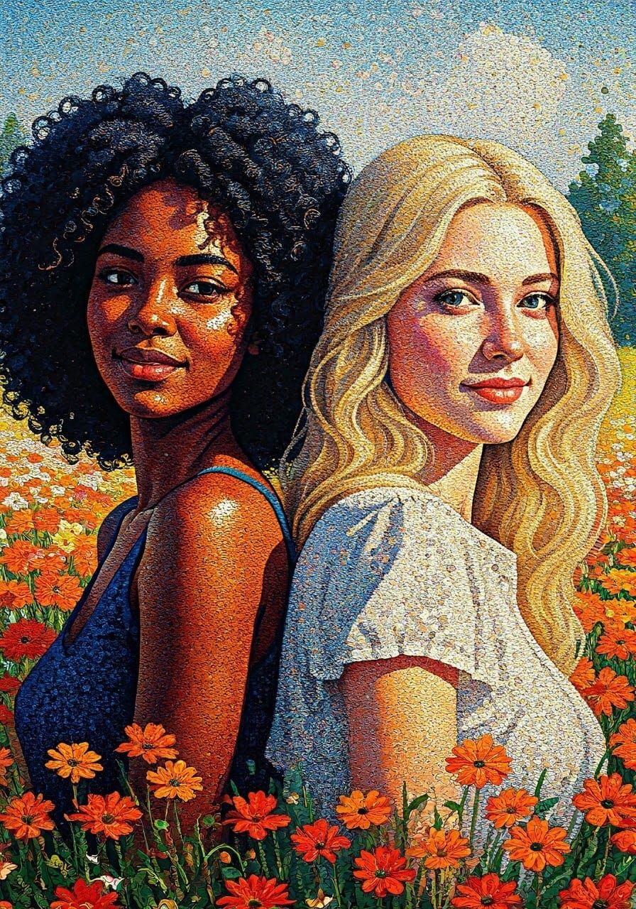 Smiling Women in Flower Field, Pointillism Style