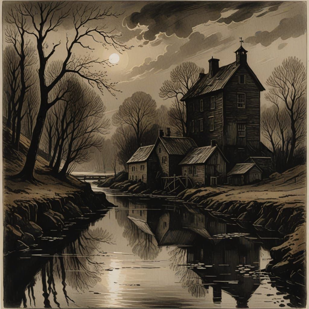 Mill on Autumn River: Expressive Black and White Etching