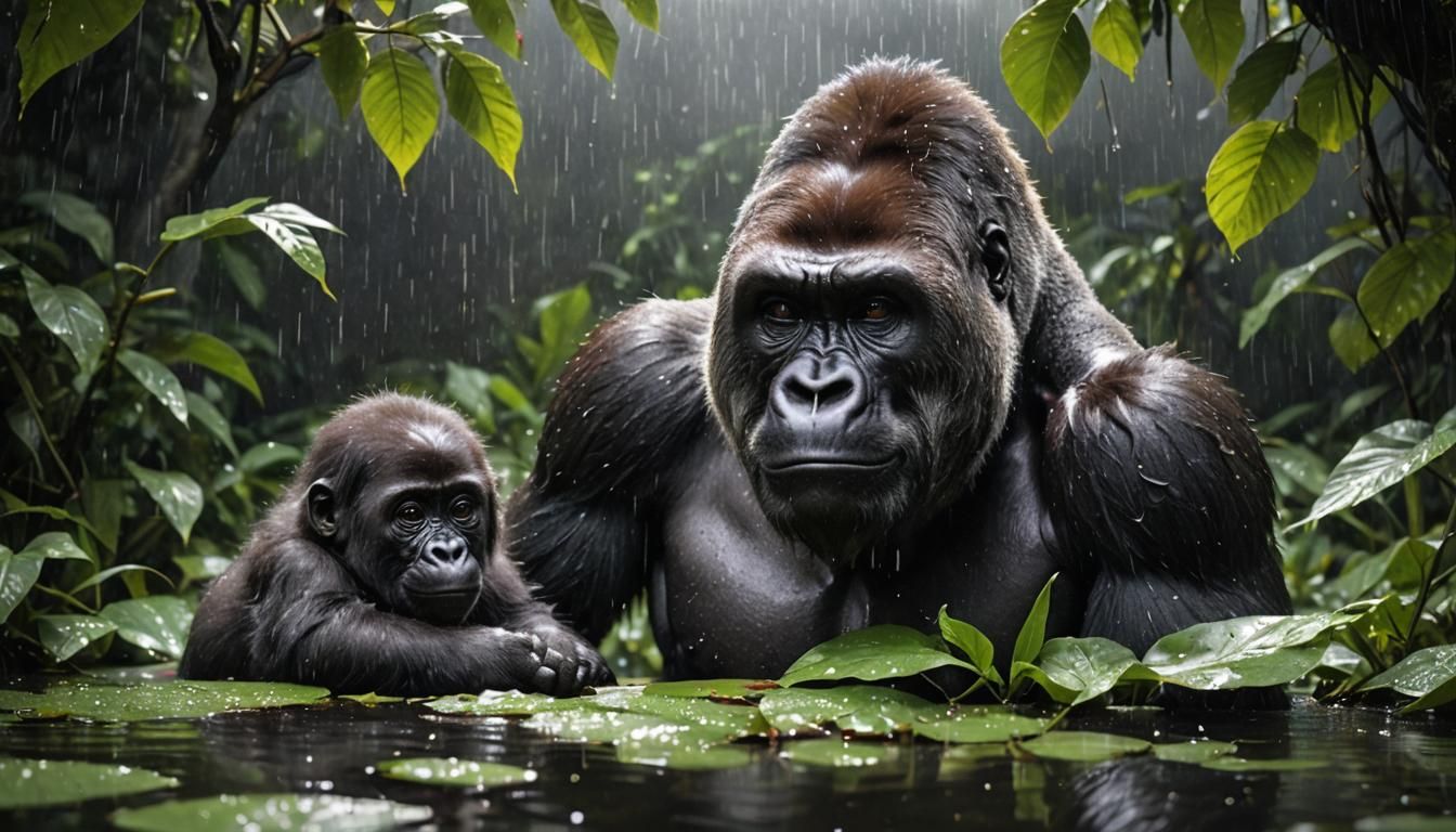 Mother Gorilla and Baby in Enchanting Rain