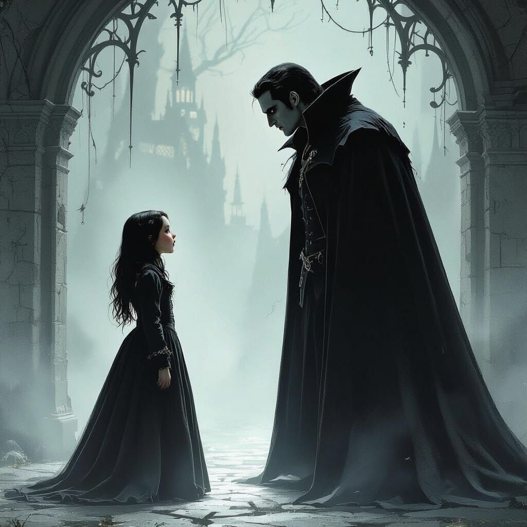 Vampire Stares at Frightened Girl in Victorian Dress