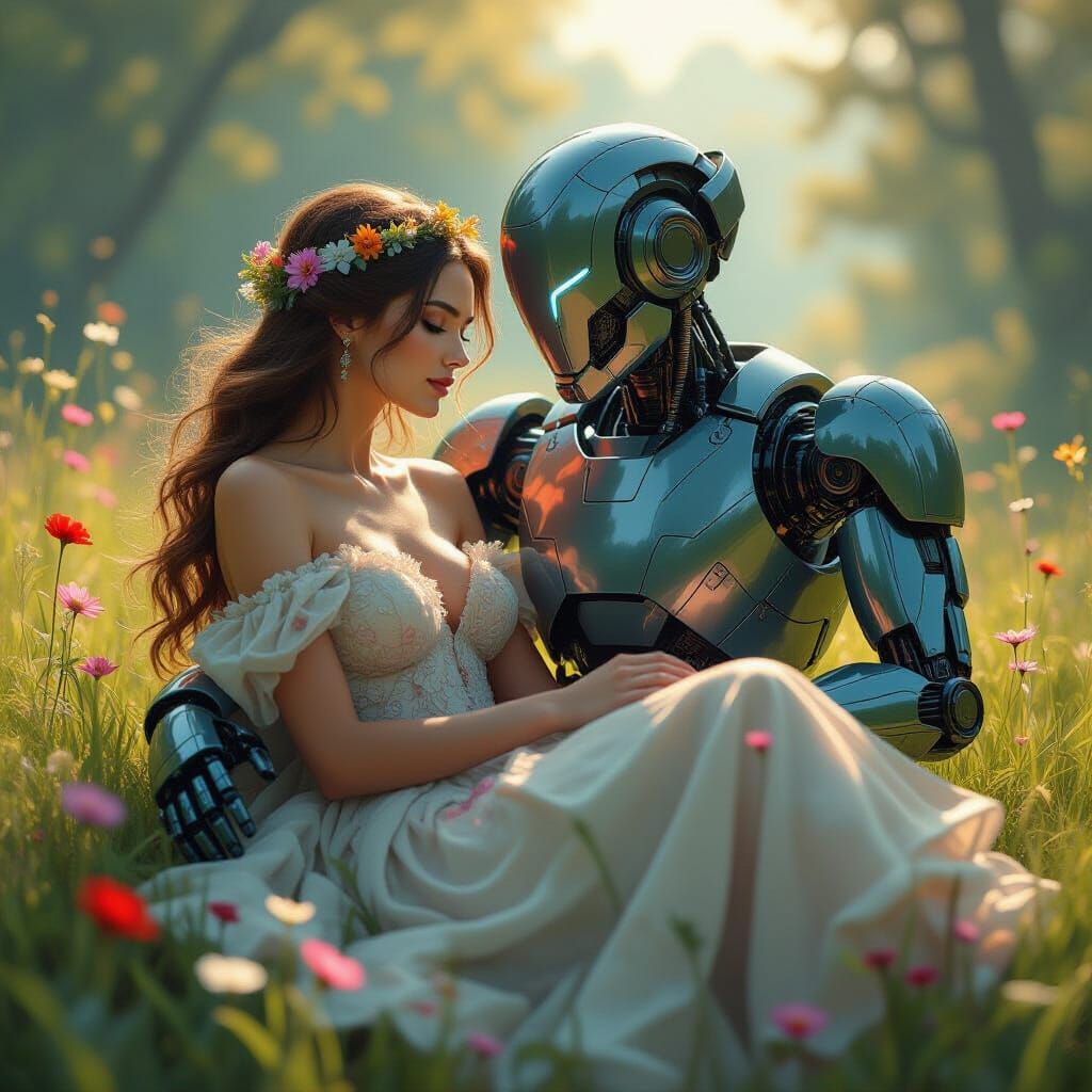 Nature Nymph and Robot Embrace in Futuristic Landscape
