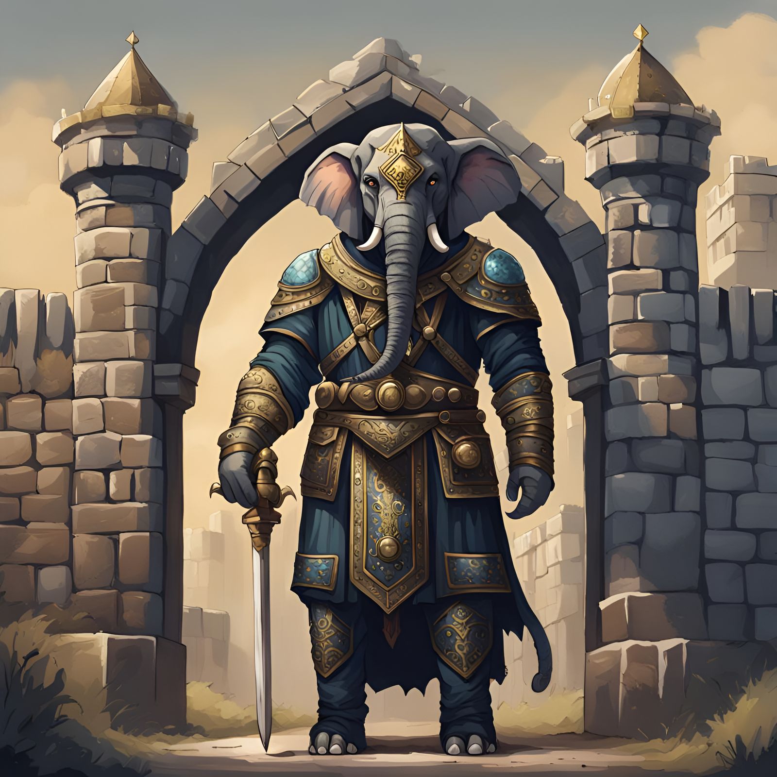 Armored Elephant Gatekeeper in Medieval City