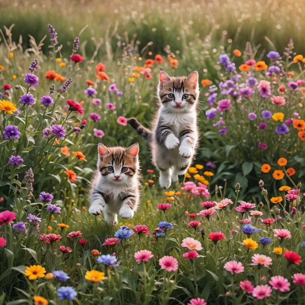 Kittens Playing in a Flower Field