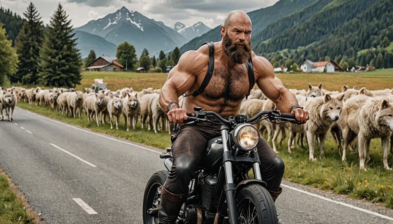 Bavarian Biker: Hairy Man on Motorcycle in 8k
