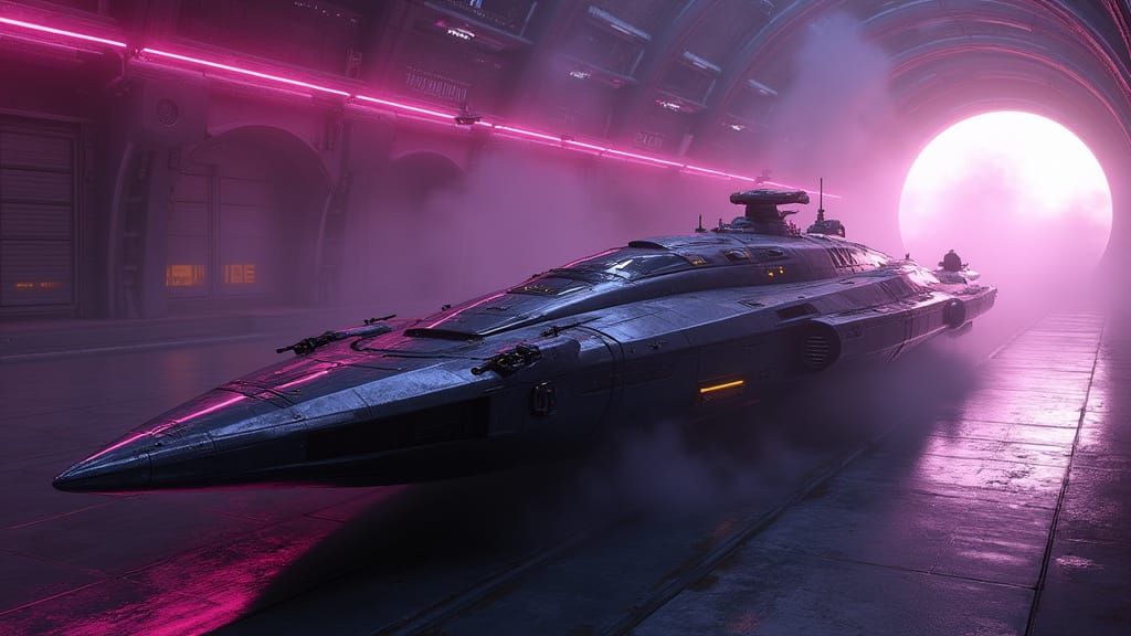 Sleek Space Corvette in Hangar with Neon Lights