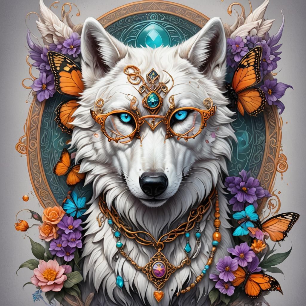 Ornate White Wolf with Celtic Tattoos