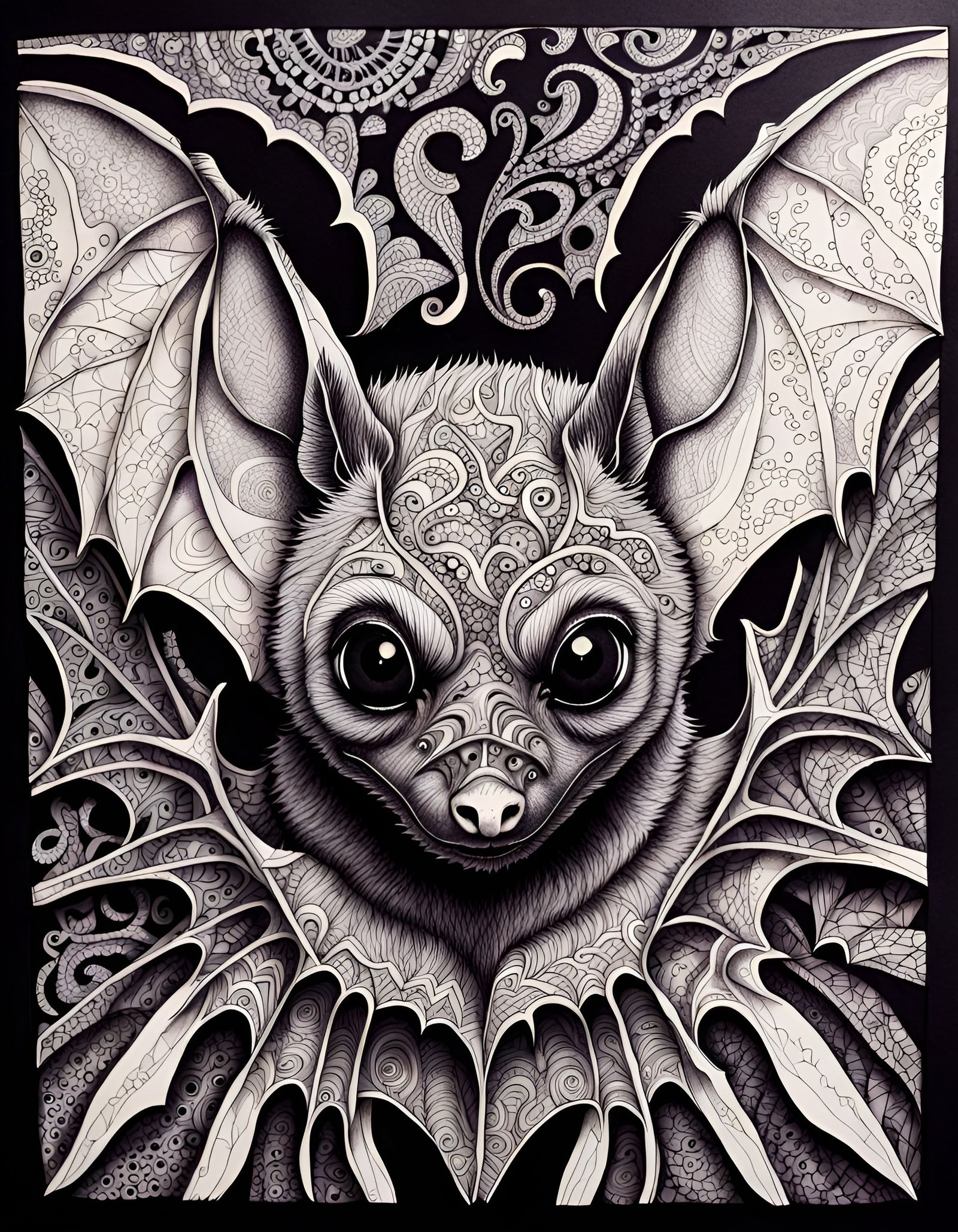 Zentangle Bat Portrait: Detailed Pen and Ink Art